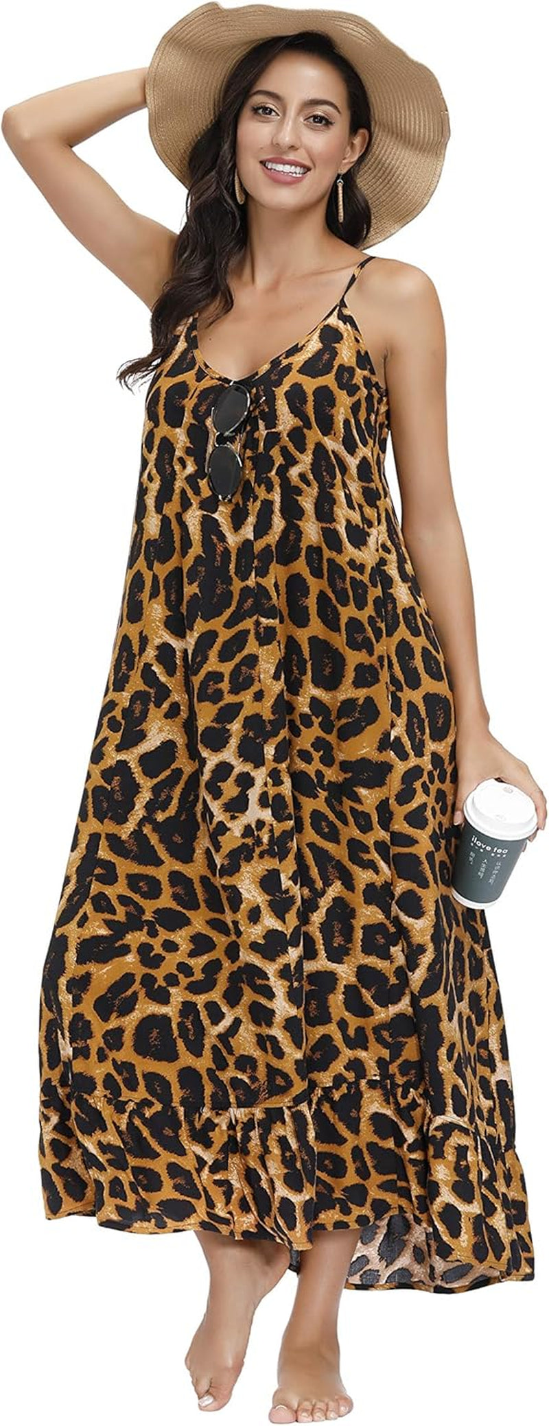 Women'S V Neck Floral Maxi Dress Boho Printed Adjustable Spaghetti Strap Ethnic Beach Long Dress with Pockets