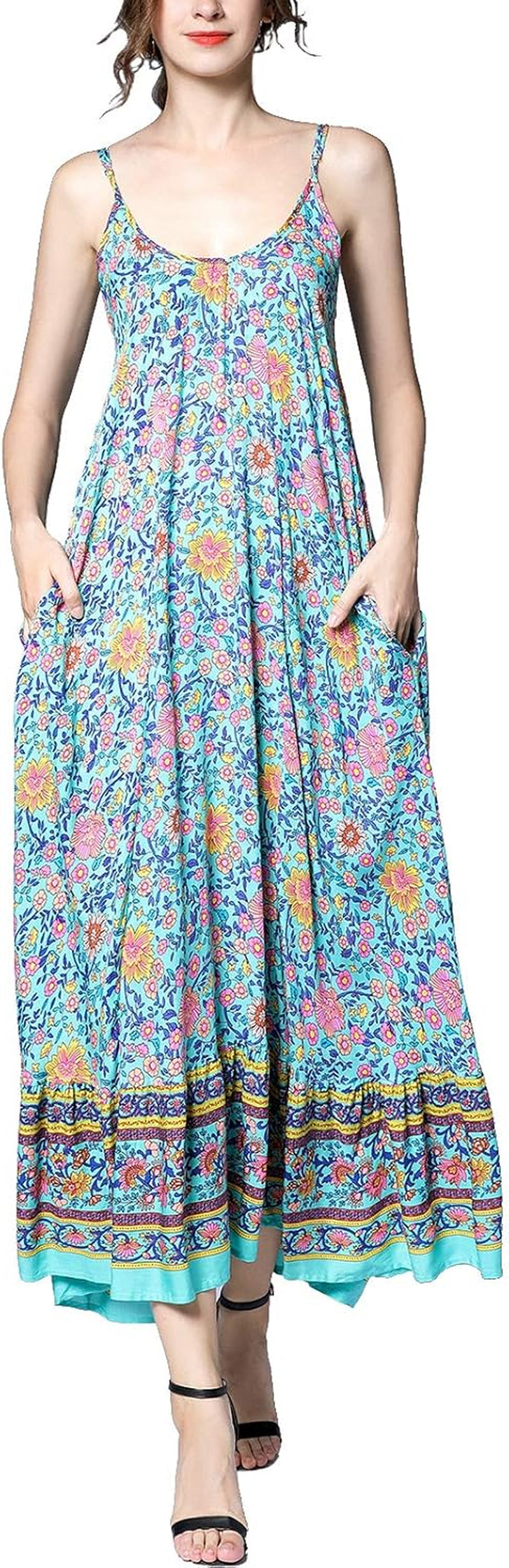Women'S V Neck Floral Maxi Dress Boho Printed Adjustable Spaghetti Strap Ethnic Beach Long Dress with Pockets