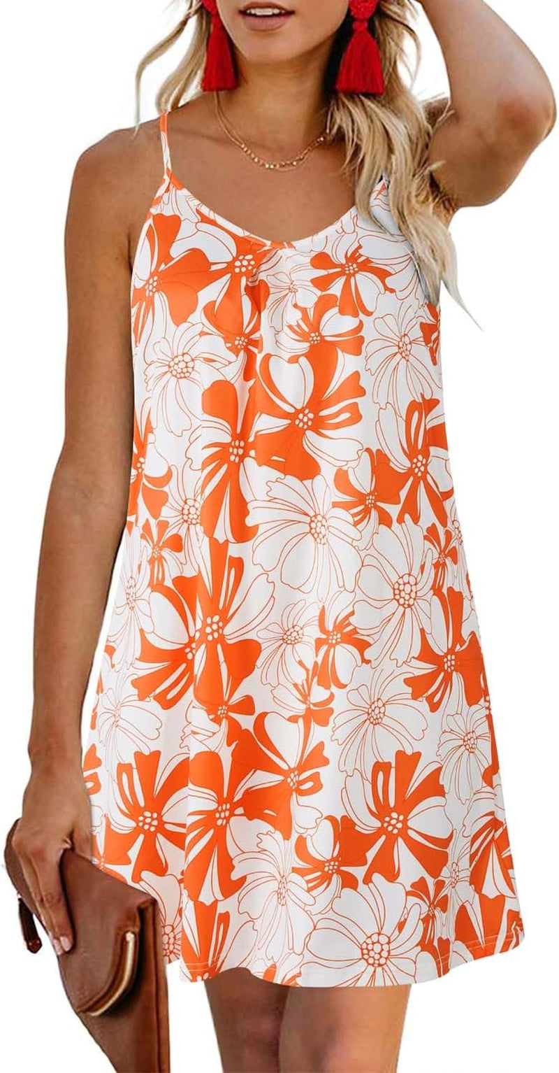 Women'S 2024 Summer Casual Beach Dresses Cover Ups Floral V Neck Spaghetti Strap Backless Mini Sun Dress