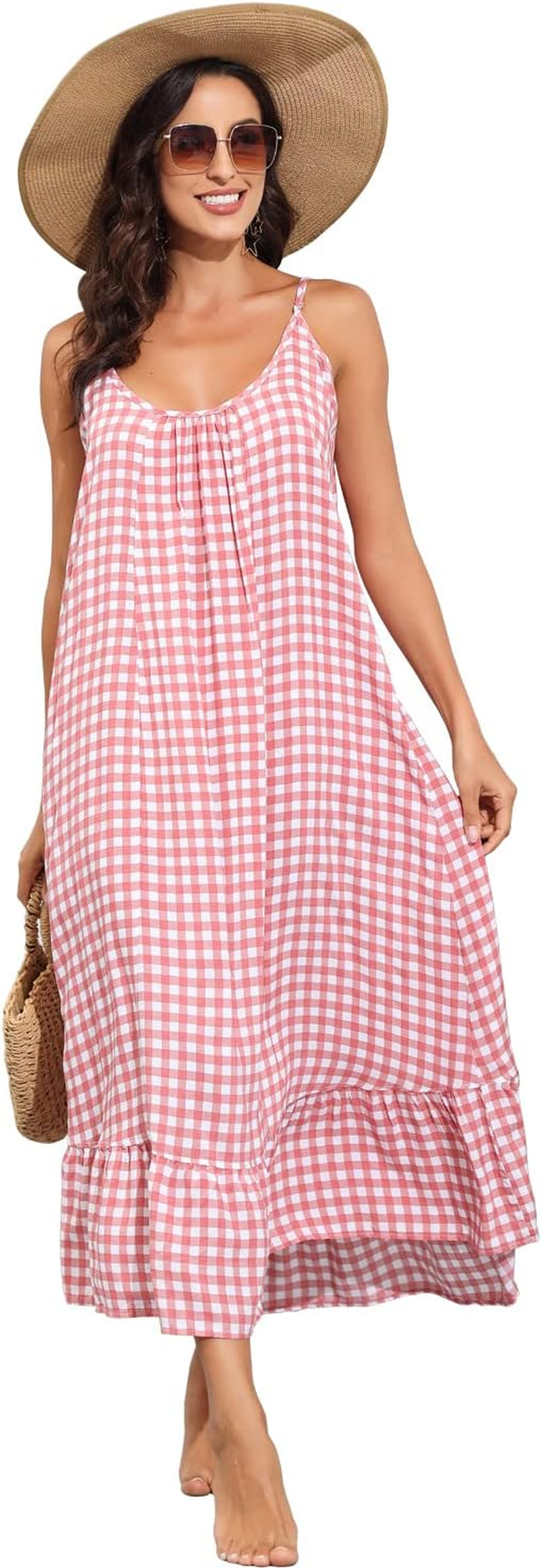 Women'S V Neck Floral Maxi Dress Boho Printed Adjustable Spaghetti Strap Ethnic Beach Long Dress with Pockets
