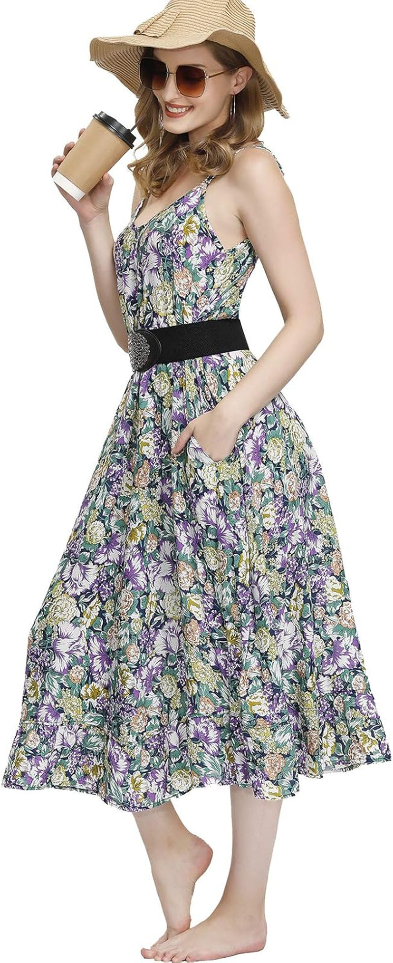 Women'S V Neck Floral Maxi Dress Boho Printed Adjustable Spaghetti Strap Ethnic Beach Long Dress with Pockets