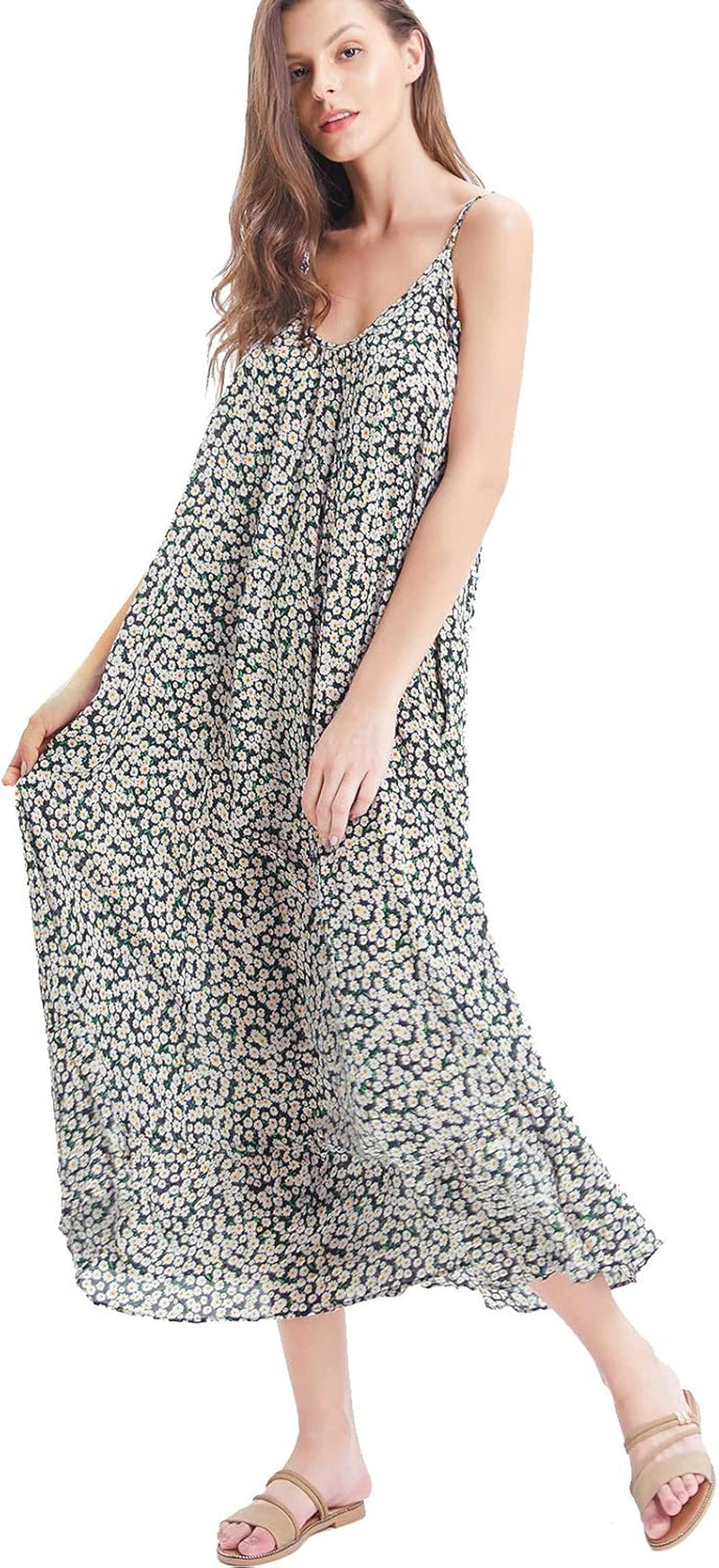 Women'S V Neck Floral Maxi Dress Boho Printed Adjustable Spaghetti Strap Ethnic Beach Long Dress with Pockets