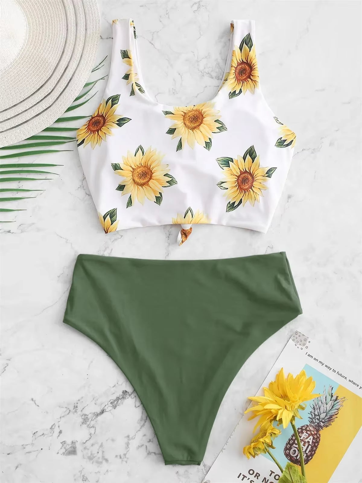 Sexy Sunflower Print Bikini Set 2025 Push up Crop Top Reversible Micro Swimwear Women Front Tie Bathing Suit High Waist Swimsuit