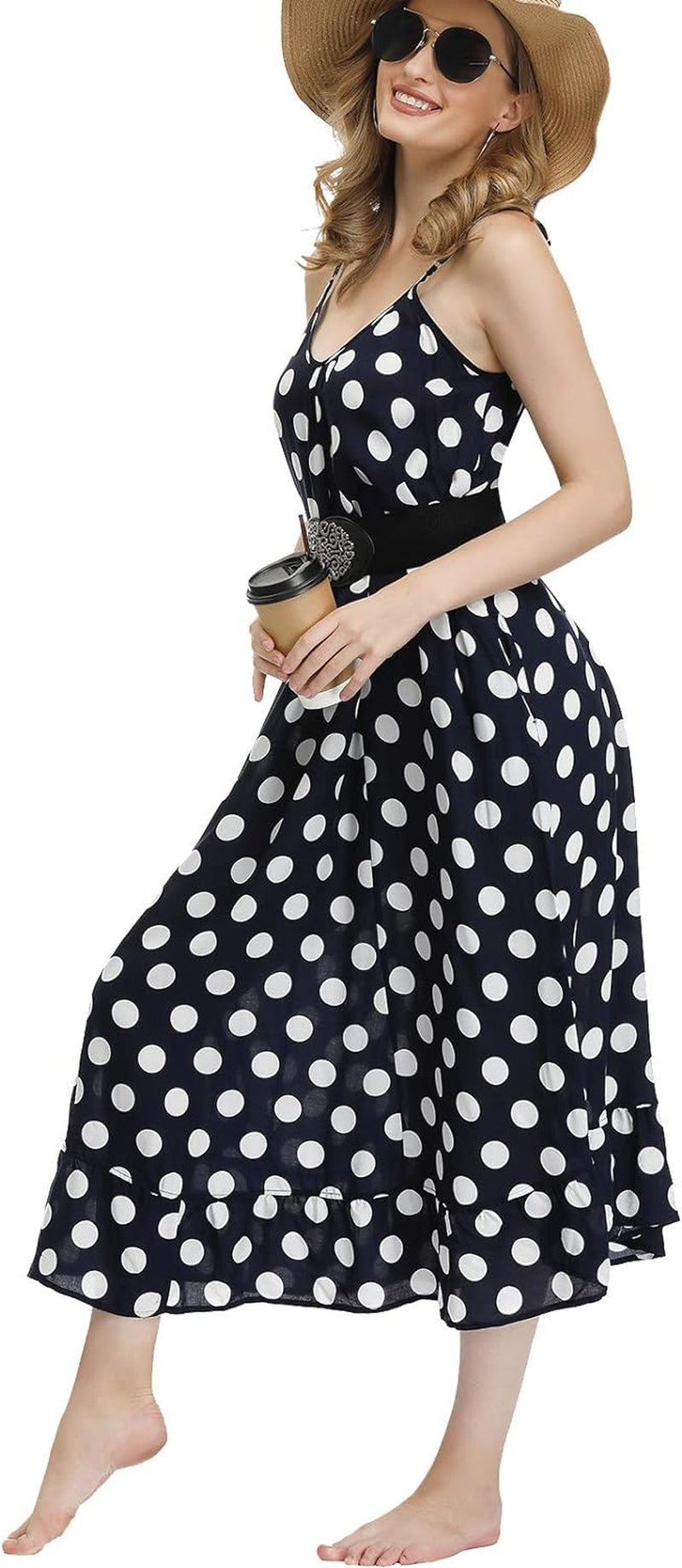 Women'S V Neck Floral Maxi Dress Boho Printed Adjustable Spaghetti Strap Ethnic Beach Long Dress with Pockets
