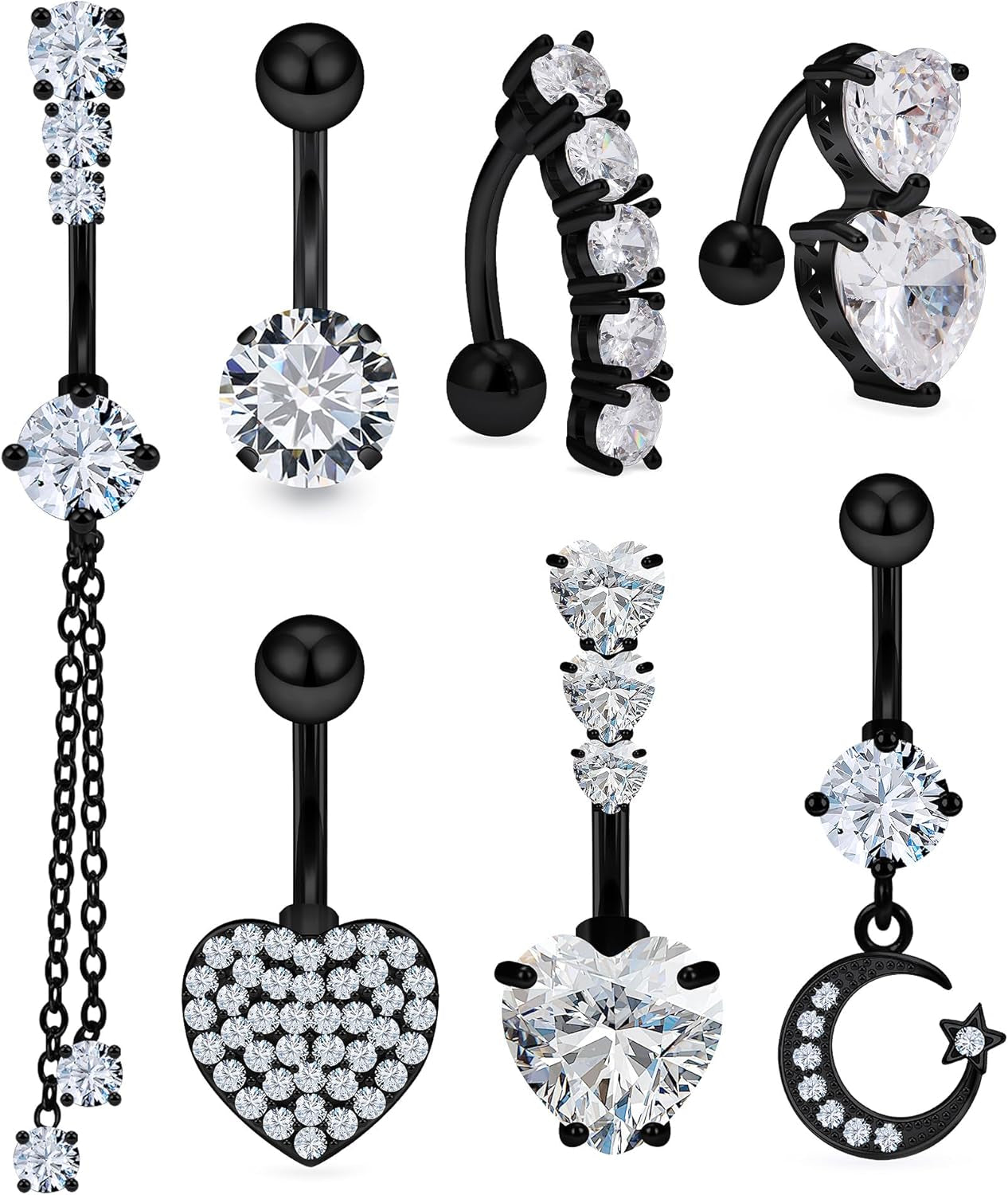 14G Heart Belly Button Ring Piercing Jewelry 316L Stainless Surgical Steel Cubic Zirconia Navel Rings Clear Heart CZ Reverse Belly Button Ring Piercing Jewelry for Women Men Hypoallergenic