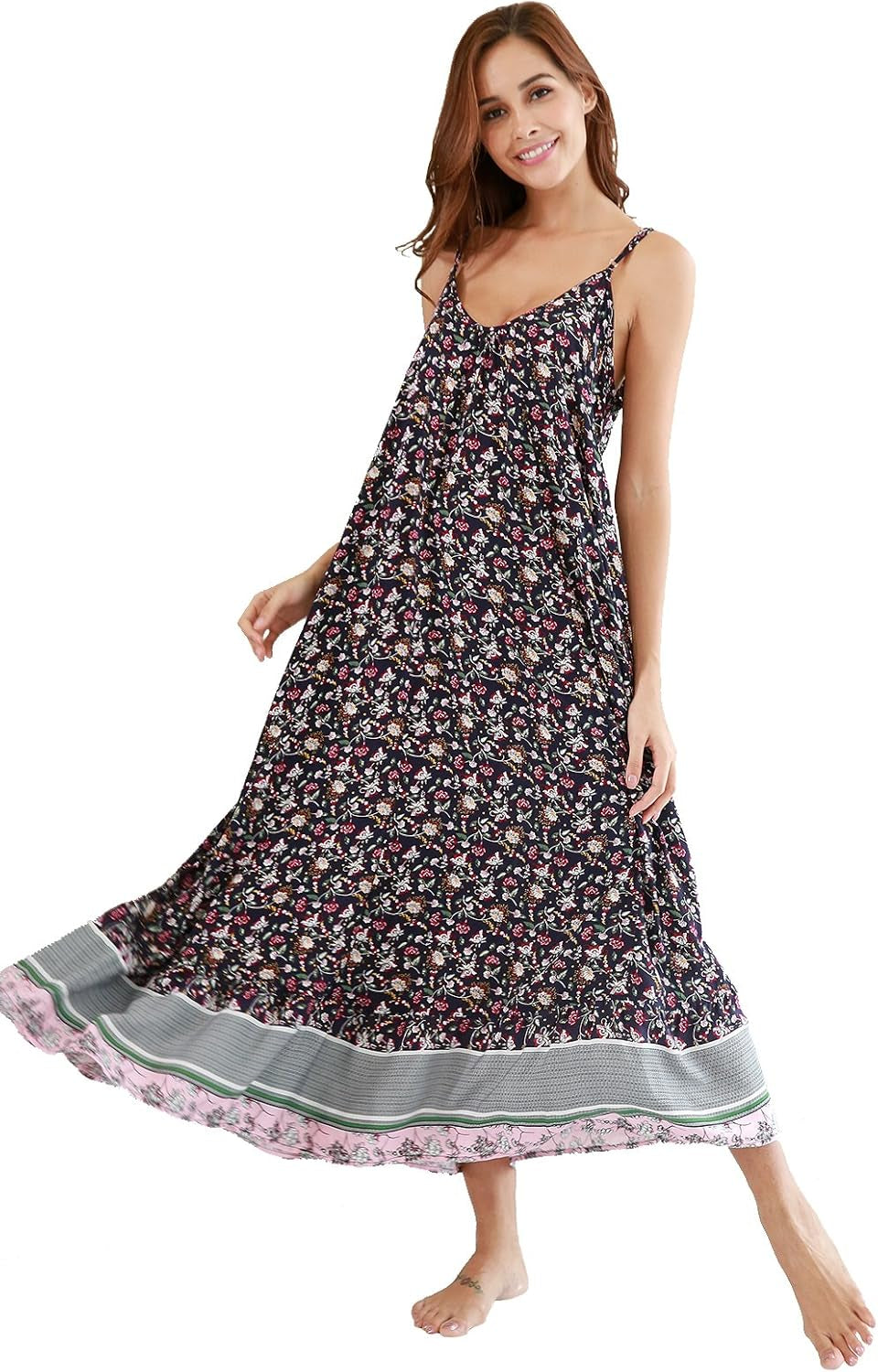 Women'S V Neck Floral Maxi Dress Boho Printed Adjustable Spaghetti Strap Ethnic Beach Long Dress with Pockets