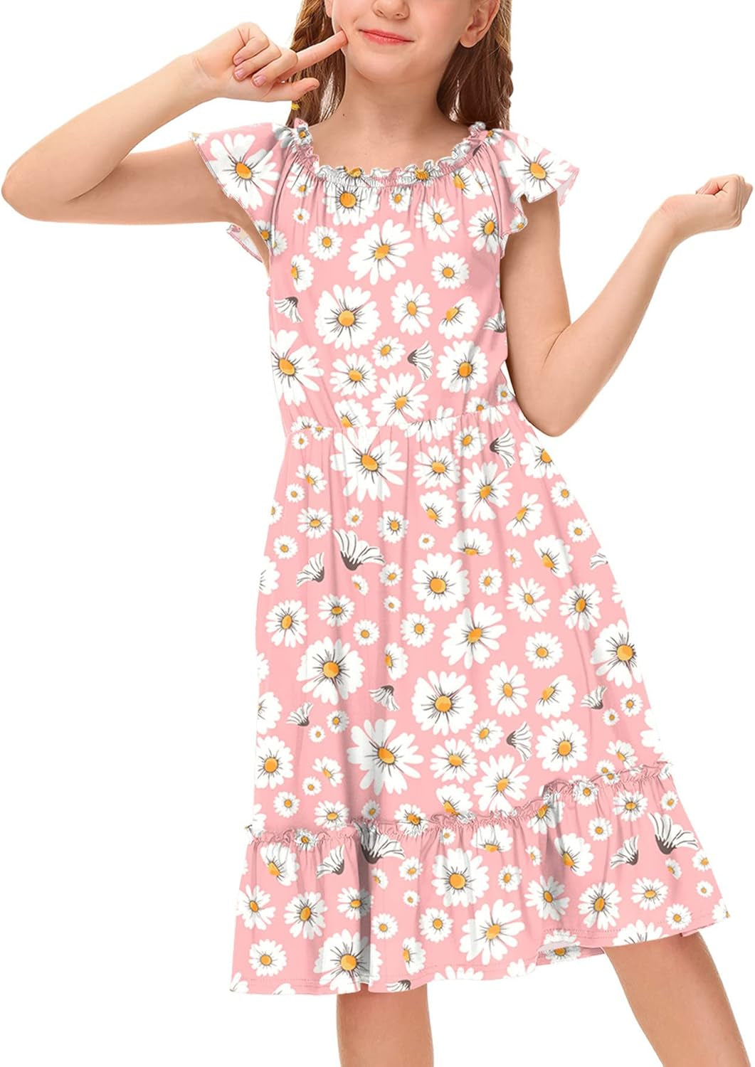 Girl'S Floral Elastic Neckline Flutter Sleeve Midi Dress with Side Pockets 4-12 Years
