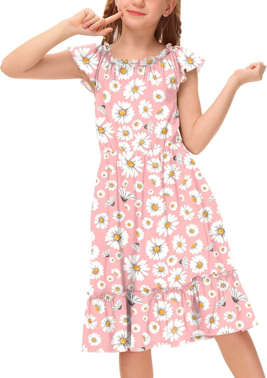 Girl'S Floral Elastic Neckline Flutter Sleeve Midi Dress with Side Pockets 4-12 Years