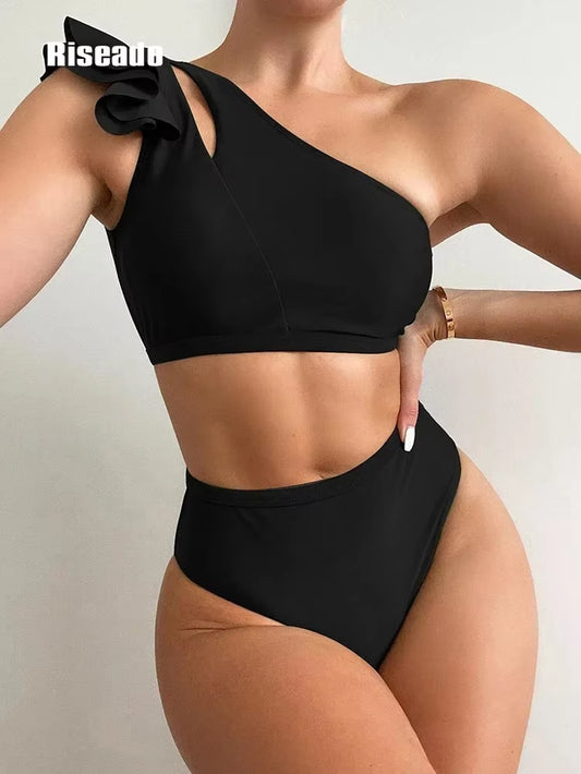 High Waist Swimsuit Bikinis New Trend Swimwear Women Sexy One Shoulder Summer Beachwear Black Bathing Suits
