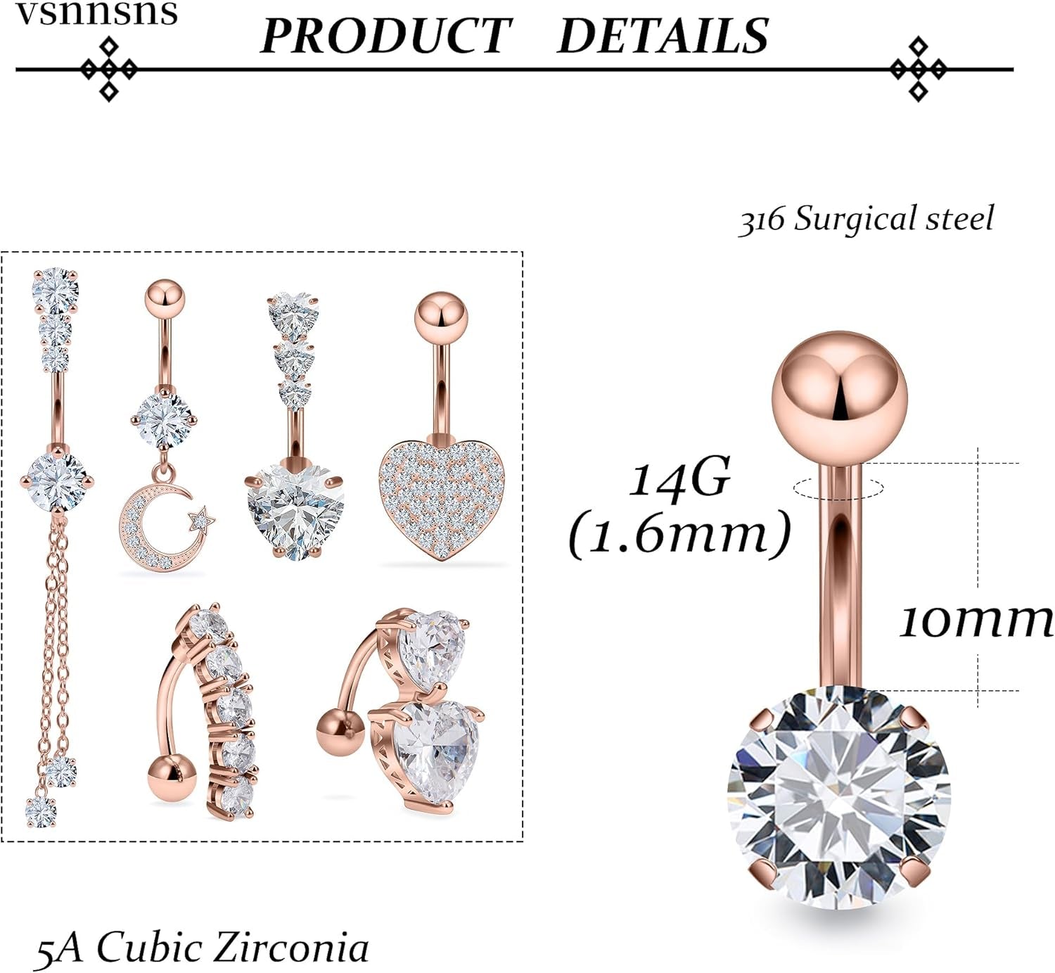 14G Heart Belly Button Ring Piercing Jewelry 316L Stainless Surgical Steel Cubic Zirconia Navel Rings Clear Heart CZ Reverse Belly Button Ring Piercing Jewelry for Women Men Hypoallergenic