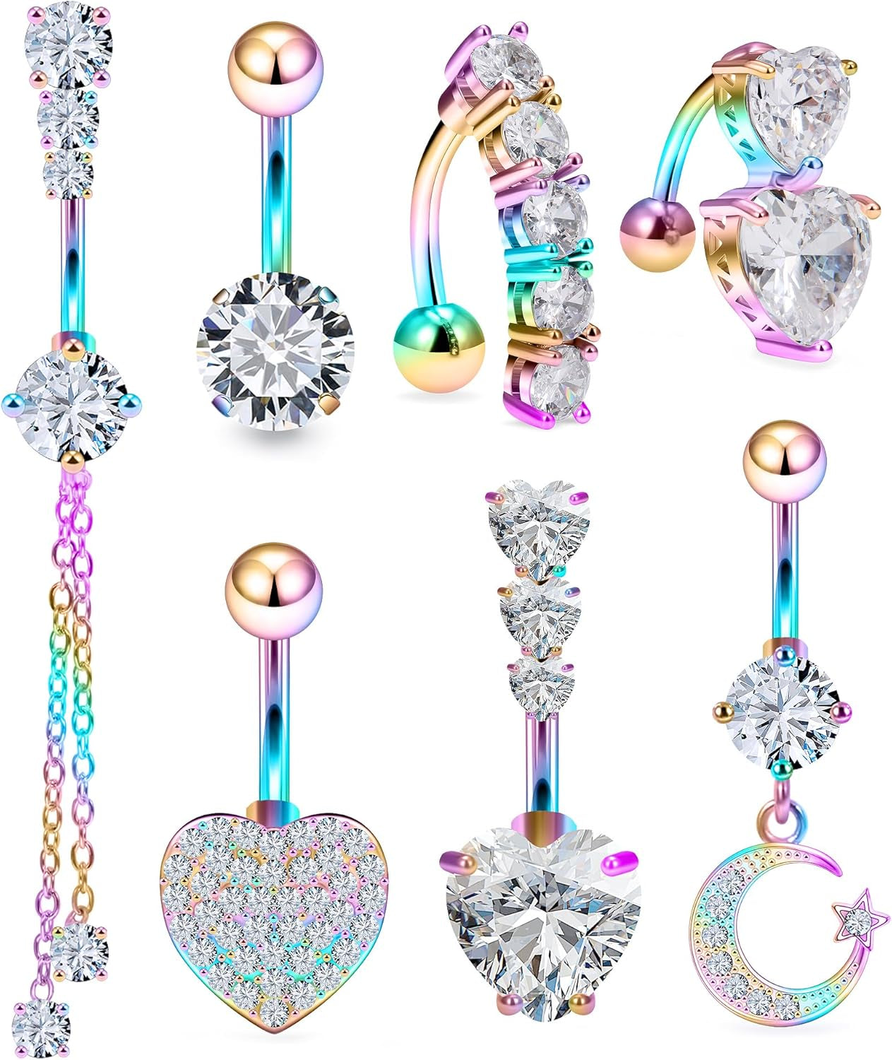 14G Heart Belly Button Ring Piercing Jewelry 316L Stainless Surgical Steel Cubic Zirconia Navel Rings Clear Heart CZ Reverse Belly Button Ring Piercing Jewelry for Women Men Hypoallergenic