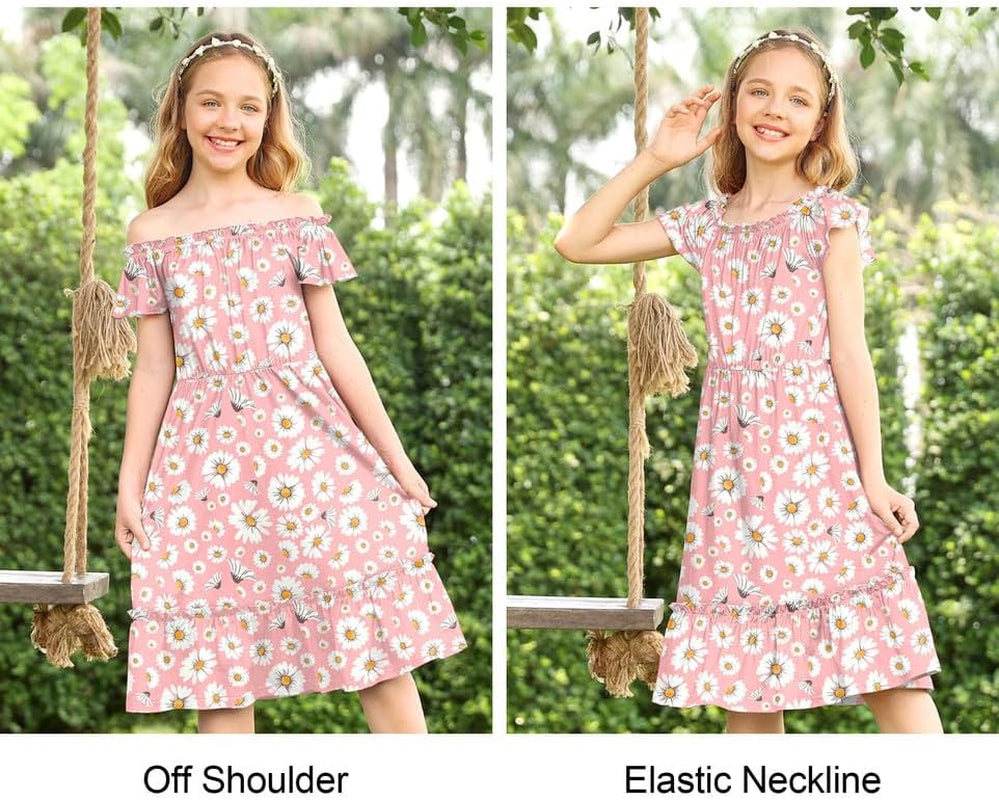 Girl'S Floral Elastic Neckline Flutter Sleeve Midi Dress with Side Pockets 4-12 Years