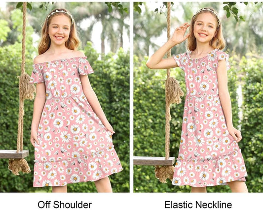 Girl'S Floral Elastic Neckline Flutter Sleeve Midi Dress with Side Pockets 4-12 Years