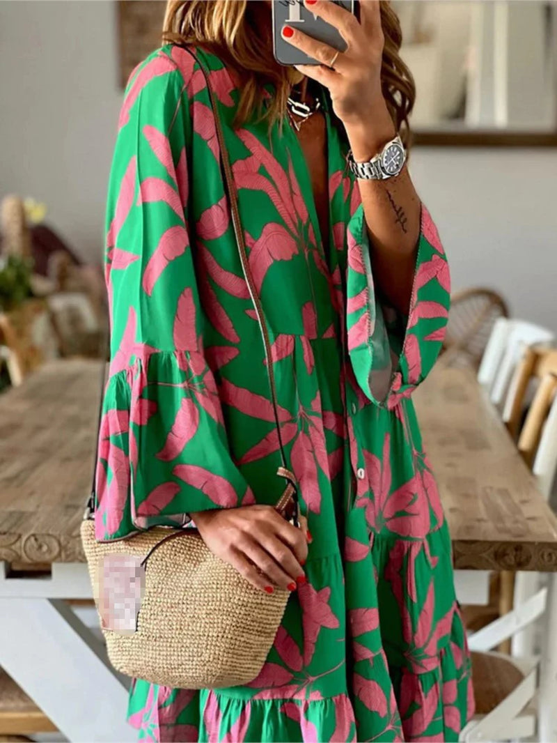 Autumn Boho Vacation Shirt Dresses for Women Sexy V-Neck Flare Sleeve Elegant Ruffles Print Dress Spring Casual Loose Dress