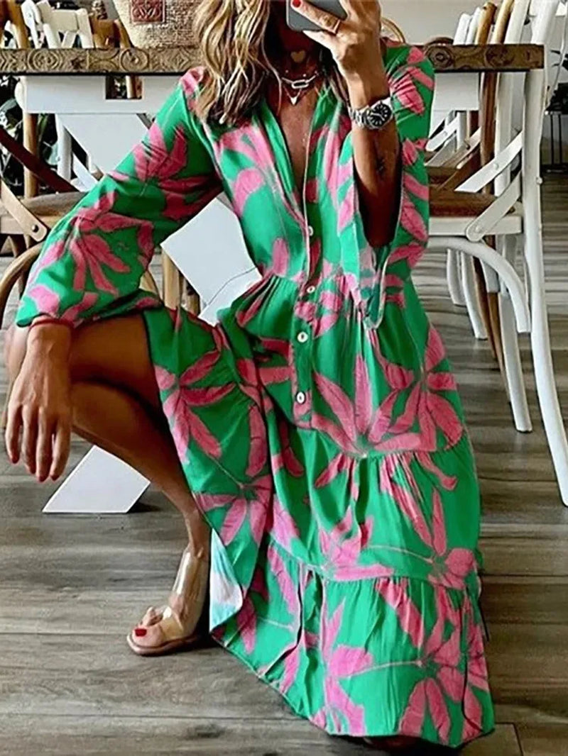 Autumn Boho Vacation Shirt Dresses for Women Sexy V-Neck Flare Sleeve Elegant Ruffles Print Dress Spring Casual Loose Dress