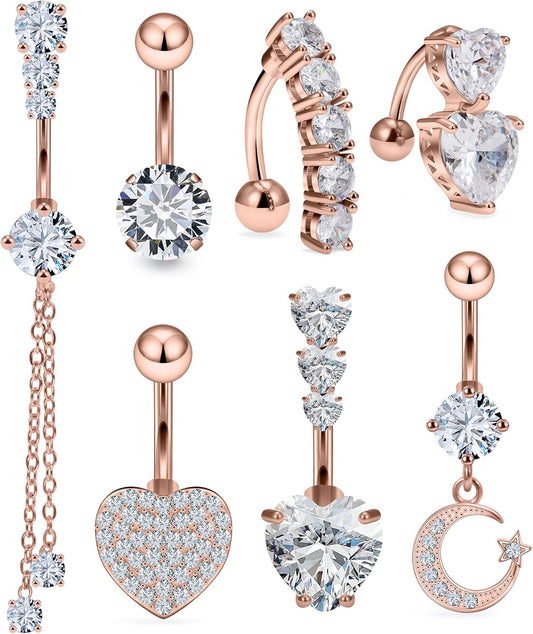 14G Heart Belly Button Ring Piercing Jewelry 316L Stainless Surgical Steel Cubic Zirconia Navel Rings Clear Heart CZ Reverse Belly Button Ring Piercing Jewelry for Women Men Hypoallergenic