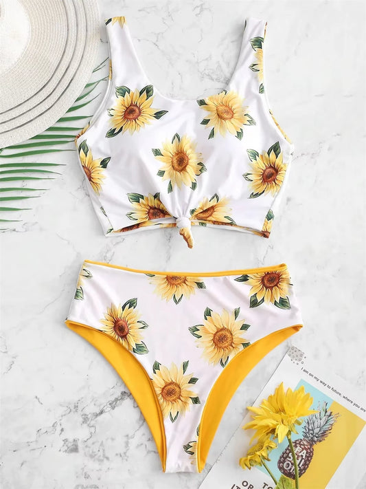 Sexy Sunflower Print Bikini Set 2025 Push up Crop Top Reversible Micro Swimwear Women Front Tie Bathing Suit High Waist Swimsuit