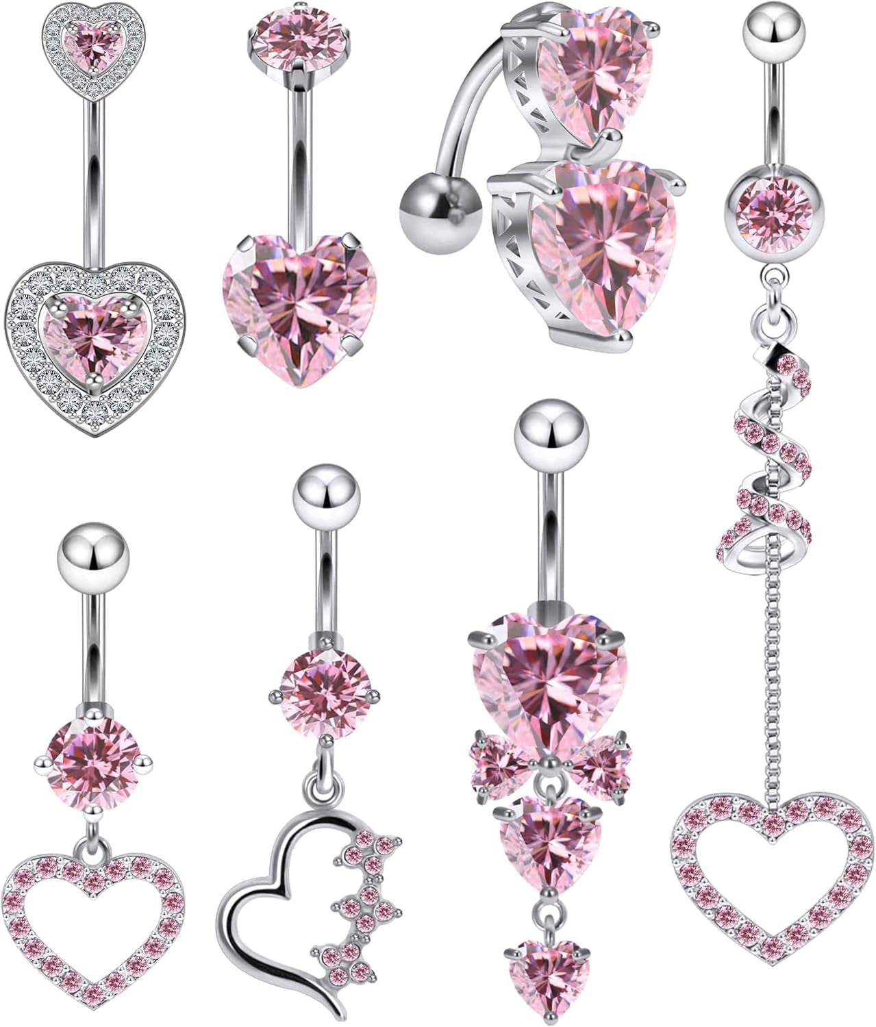 14G Heart Belly Button Ring Piercing Jewelry 316L Stainless Surgical Steel Cubic Zirconia Navel Rings Clear Heart CZ Reverse Belly Button Ring Piercing Jewelry for Women Men Hypoallergenic
