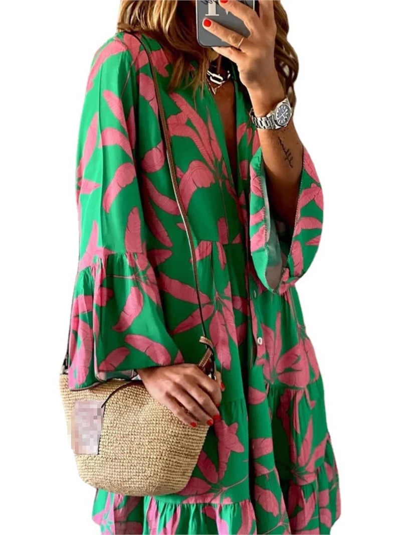 Autumn Boho Vacation Shirt Dresses for Women Sexy V-Neck Flare Sleeve Elegant Ruffles Print Dress Spring Casual Loose Dress