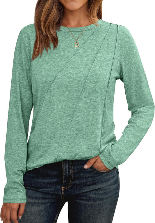 Womens Long Sleeve Shirts Pleated Crew Neck Casual Fall Fashion Tops Loose Fit Lightweight Girls Outfits Clothes