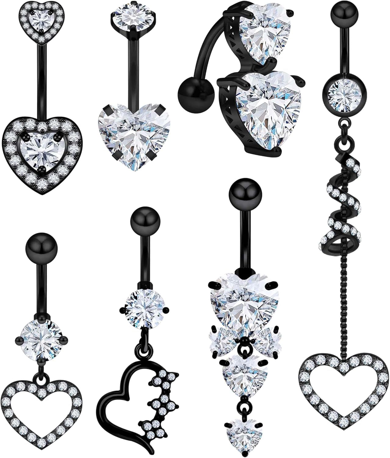 14G Heart Belly Button Ring Piercing Jewelry 316L Stainless Surgical Steel Cubic Zirconia Navel Rings Clear Heart CZ Reverse Belly Button Ring Piercing Jewelry for Women Men Hypoallergenic