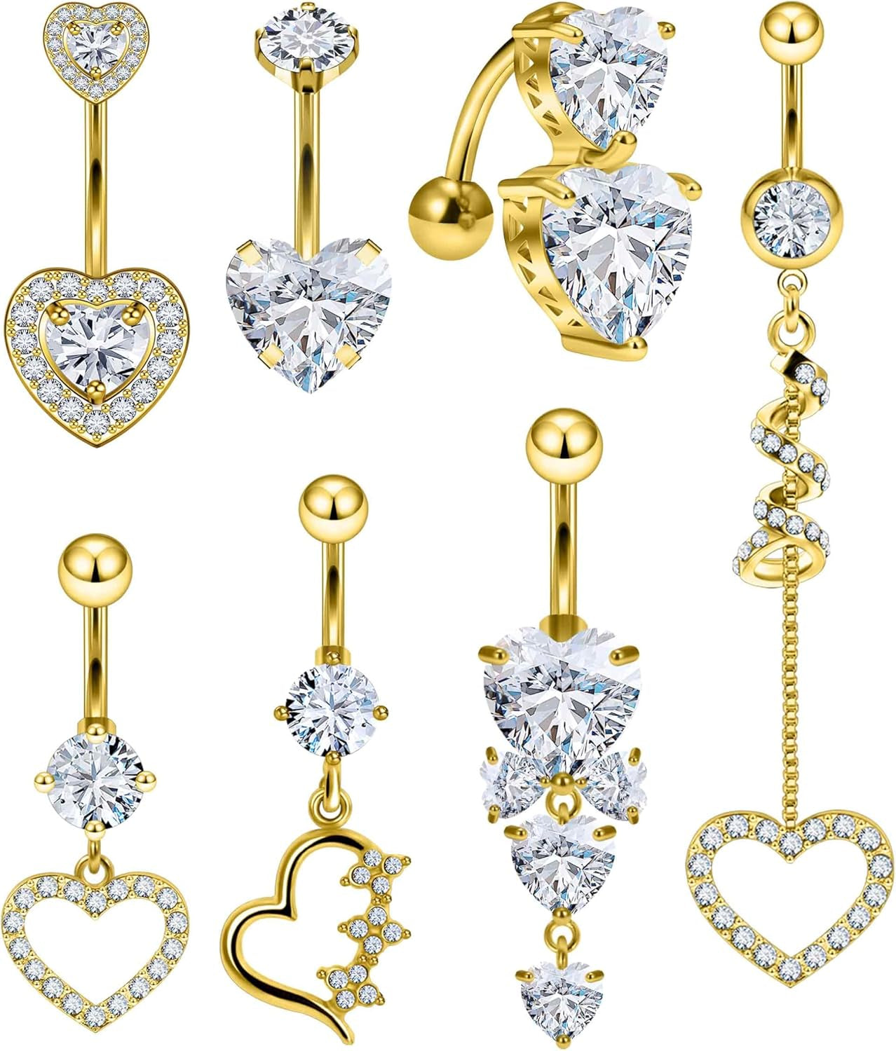 14G Heart Belly Button Ring Piercing Jewelry 316L Stainless Surgical Steel Cubic Zirconia Navel Rings Clear Heart CZ Reverse Belly Button Ring Piercing Jewelry for Women Men Hypoallergenic
