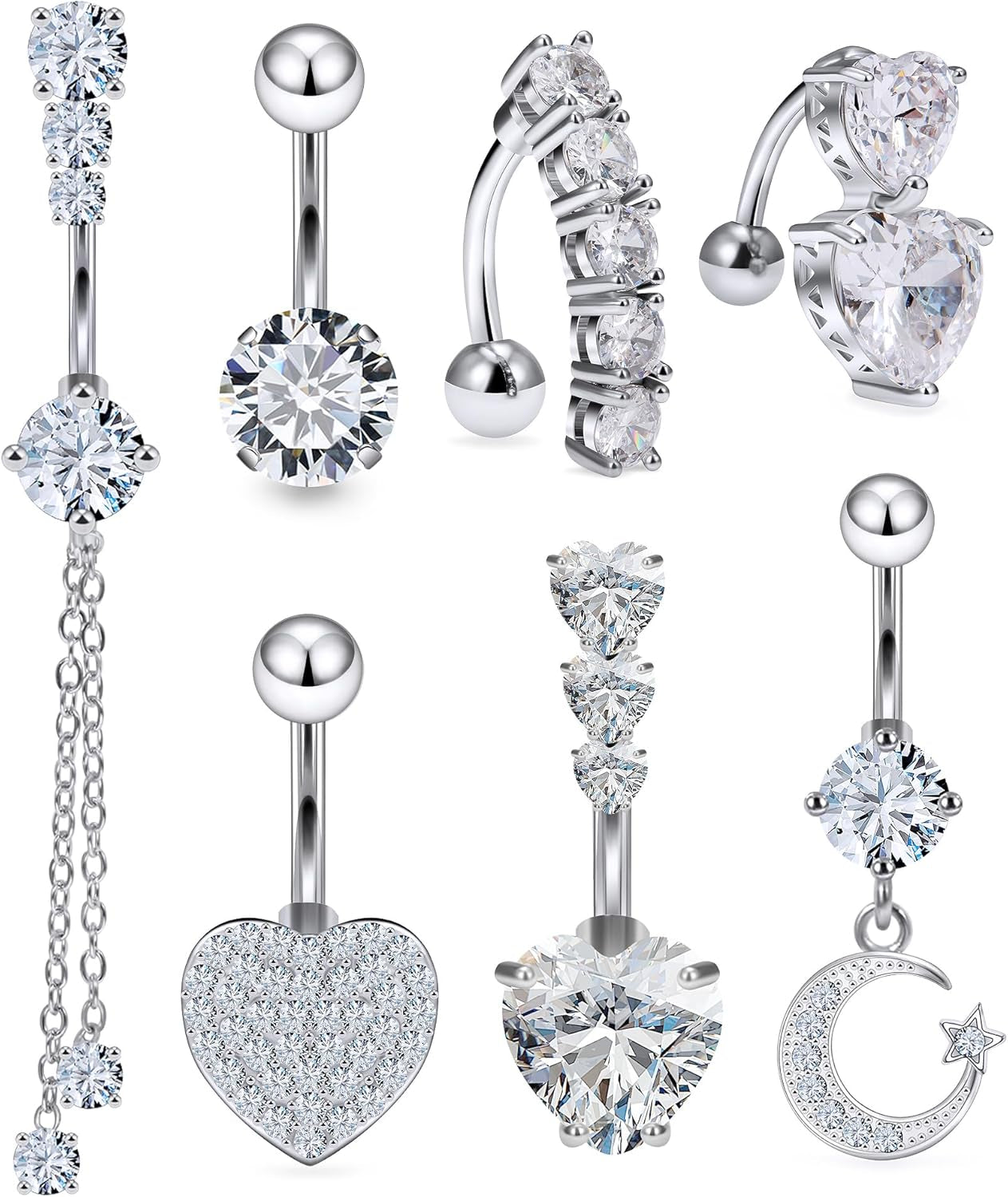 14G Heart Belly Button Ring Piercing Jewelry 316L Stainless Surgical Steel Cubic Zirconia Navel Rings Clear Heart CZ Reverse Belly Button Ring Piercing Jewelry for Women Men Hypoallergenic