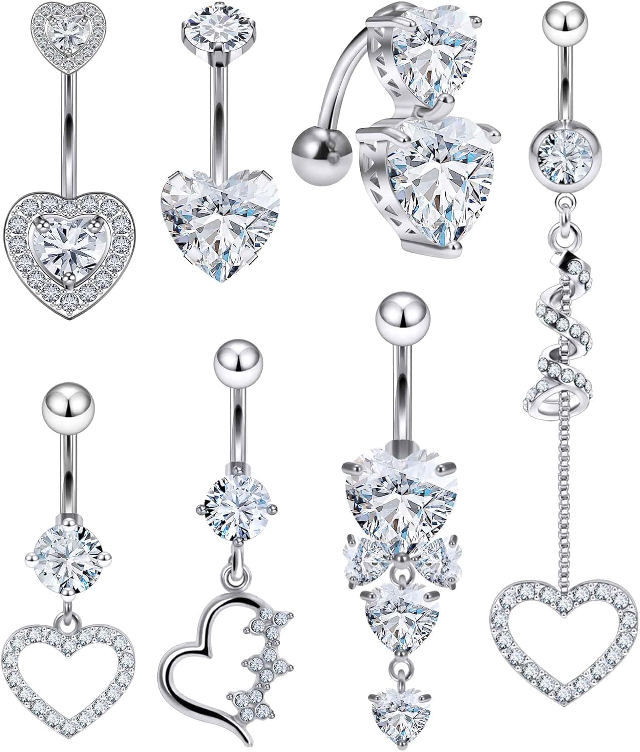 14G Heart Belly Button Ring Piercing Jewelry 316L Stainless Surgical Steel Cubic Zirconia Navel Rings Clear Heart CZ Reverse Belly Button Ring Piercing Jewelry for Women Men Hypoallergenic