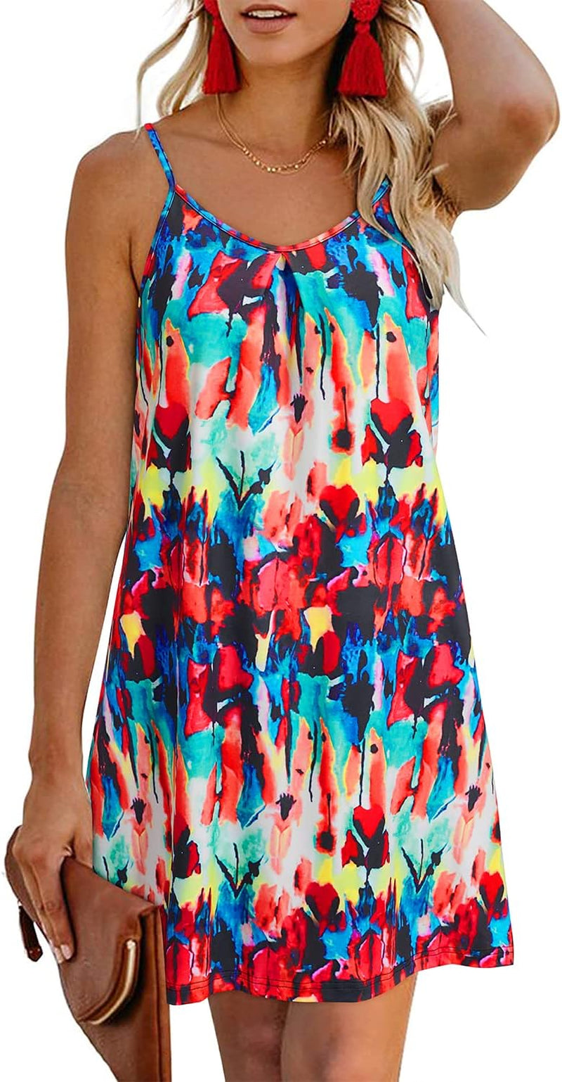 Women'S 2024 Summer Casual Beach Dresses Cover Ups Floral V Neck Spaghetti Strap Backless Mini Sun Dress